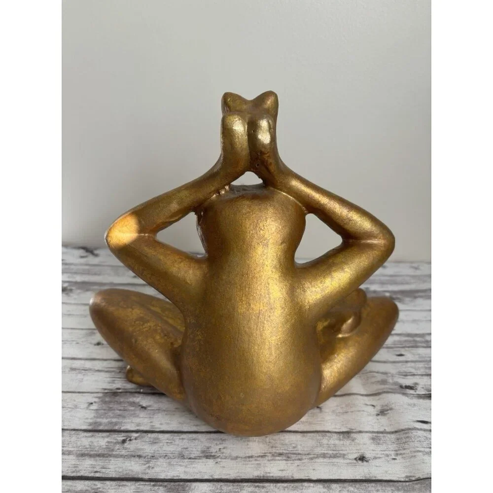 Pier 1 Gold Yoga Frog Statue Figure Zen 10x11” Heavy Garden Decor